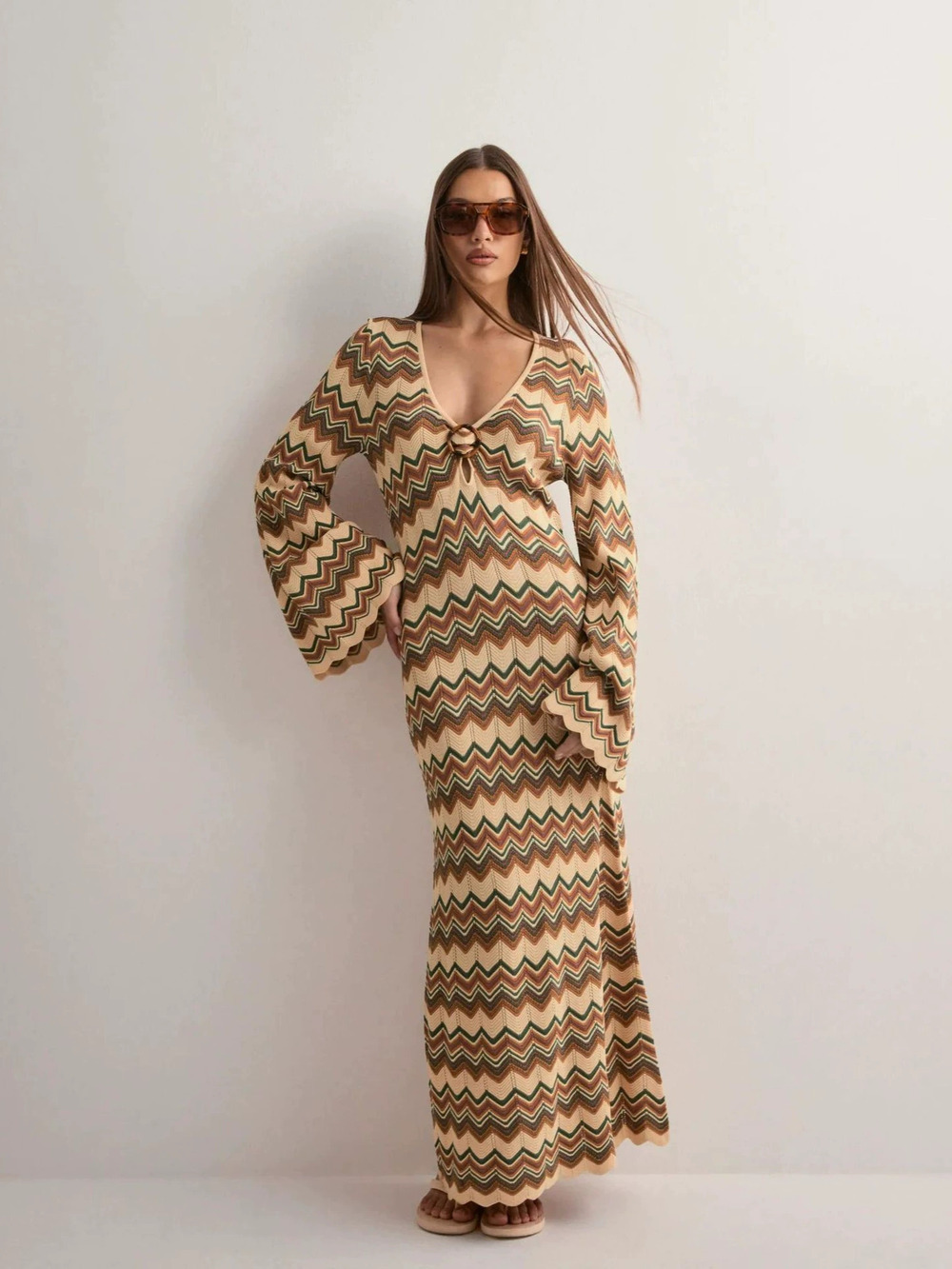 Zara V-Neck Printed Bell Sleeve Robe Dress